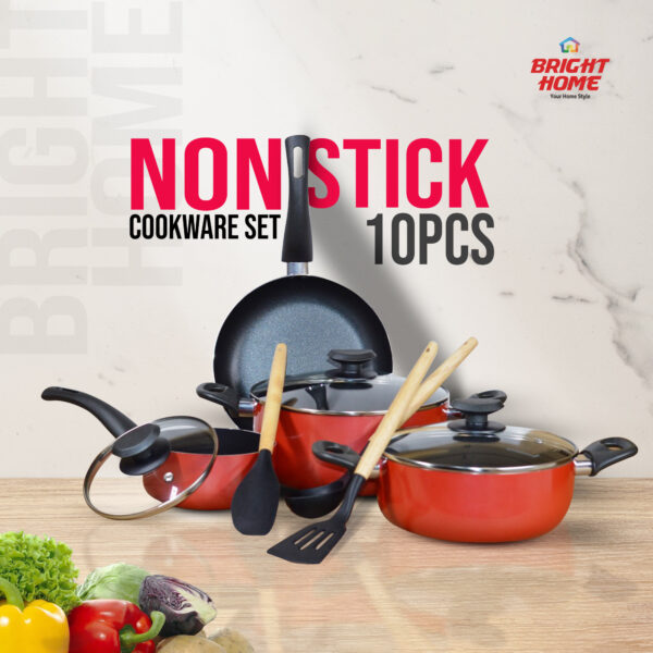 High Quality 10 Pcs Non-Stick Cookware Set Red/Black with Compact Ovenproof Handle - Durable Non-Stick Surface, Functional Kitchen Set, Healthy Ceramic Coating, High Performing Cookware.BHC6049