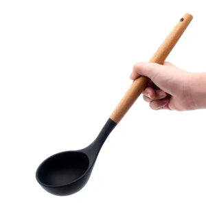 Soup Ladle with Wooden Handle Non-Stick Cooking Soup Ladle With Hard Wood Handle, Silicone Kitchen Soup Ladle BPA Free, Baking & Serving Wooden Cooking Spoon BH358