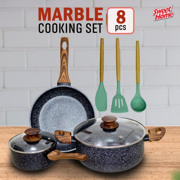 Sweet Home 8 Pcs Marble Non-Stick Cookware Set PFOA Free With Heat Resistant Handles & Transparent Glass Lids Granite Finish & Induction Base Cooking Set.SH6364