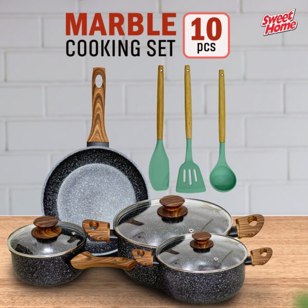 Sweet Home 10 Pcs Marble Non-Stick Cookware Set PFOA Free With Heat Resistant Handles & Transparent Glass Lids Granite Finish & Induction Base Cooking Set.SH6365