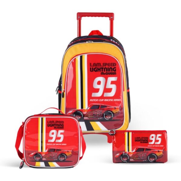 DISNEY CARS LIGHTNING MCQUEEN 3in1 3D Cartoon Backpack Large Capacity Trolley School Bag With Lunch Bag & Pencil Bag Water Resistant, Perfect for Kids Ages 3-8