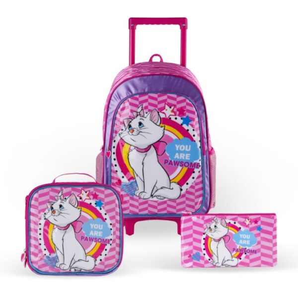 DISNEY MARIE YOU ARE PAWSOME 3in1 3D Cartoon Backpack Large Capacity Trolley School Bag With Lunch Bag & Pencil Bag Water Resistant, Perfect for Kids Ages 3-8