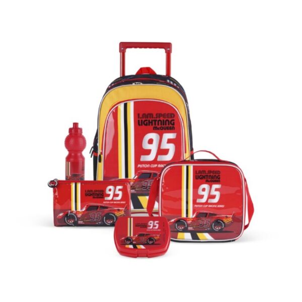 DISNEY CARS I AM THE SPEED LIGHTNING MCQUEEN 5-in-1 School Gear with 16-inch Kids Trolley Backpack - Extendable Telescopic Trolley, Soft Rubber Pullers, Thermal Insulation Lunch Bag, and Water-Resistant School Set